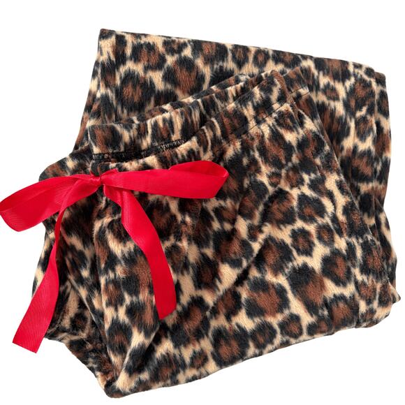 Leopard Print Fleece Lounge Pants Red Bow Cozy Holiday Glam Mob Wife Style S - Picture 2 of 6